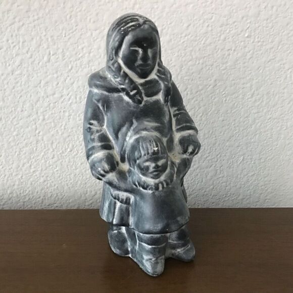 Vintage Other - Inuit Figurine Mother Child Carved Soapstone 7" Tall Signed Canada Handmade VTG